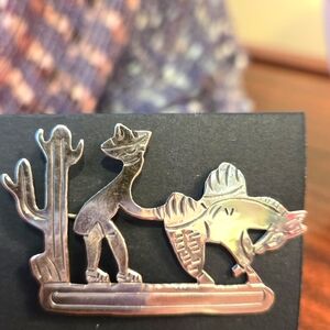 Vintage 1940s Taxco Mexico 980 Sterling Silver Pin, Man Pushing Stubborn Donkey